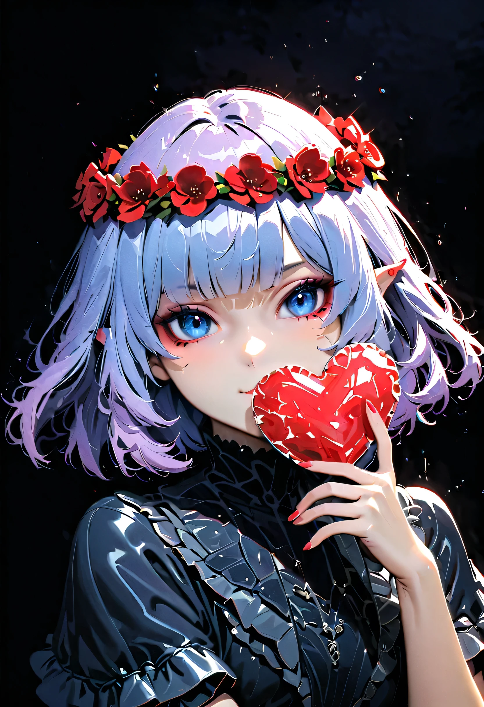 fwks, 1girl, (black and white), bob cut, blunt bangs, holding heart, drink, masterpiece, (photorealistic), anime girl, laying on bed, arms crossed, best quality, ultra-detailed, girls frontline, anime portrait, shiina ringo, purple hair, black dress, camera pose, kuvshinov style, ilya kuvshinov, moe artstyle, gapmoe yandere, cute, limited palette, black background, smug, closed eye, elf ear, head wreath, Nagi Aoe, Shounen no Abyss, short blue hair, deep blue eyes, drowning pose, underwater light, water reflections, complementary highlights, calm expression, soft linework, gentle shading, rim lighting, shin hanga, Pixiv trending, ethereal aura, somber atmosphere, crystalized hair, darkness erosion, symmetry, beautiful, broken mirror, fluid art, red tears, HDR, sharp focus, photo-realistic:1.37, PBR, extreme detail, professional, vivid colors, portraits, soft lighting, UHD, black eyes, medium hair, goth makeup, studio lighting, night park, blue streetlights, 4k, 8k, highres, masterpiece:1.2, ultra-detailed, transparent water.