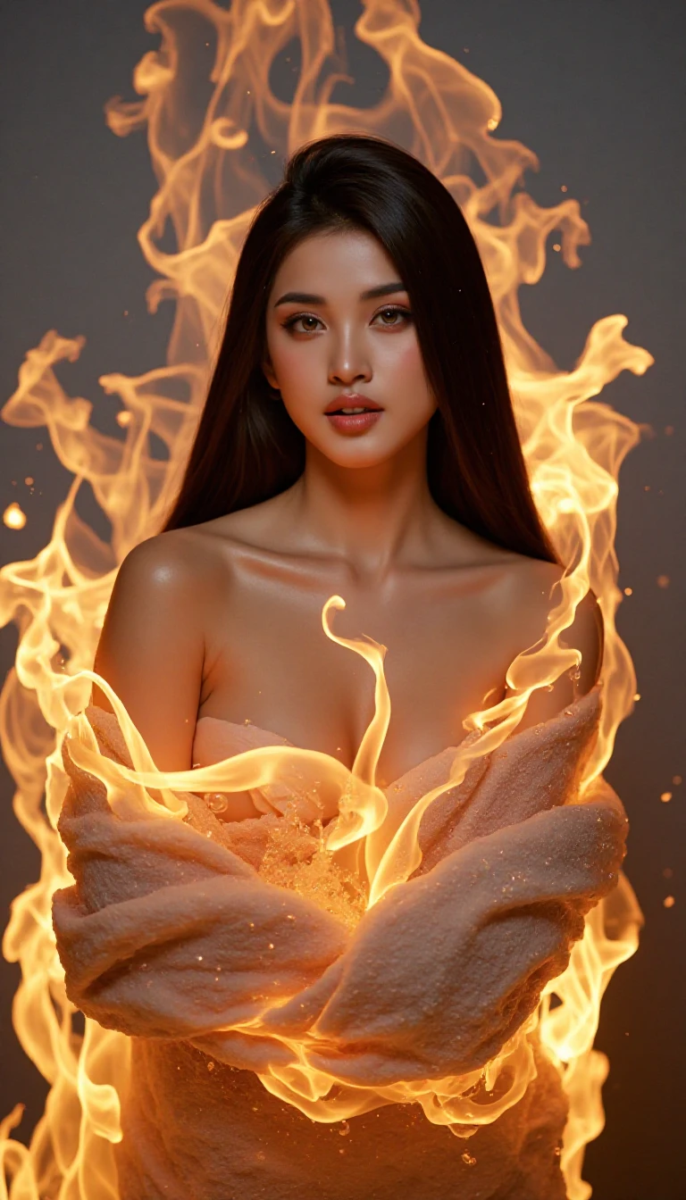 With Jenna Ortega as the goddess of fire, with a naked body engulfed in flames, exposing everything, and even the buttocks without clothes, the flames flare up. It is a realistic image of Jenna Ortega's whole body, showing her buttocks naked, the front is open, and her legs are open, but only slightly hidden by the flames. --auto --s2