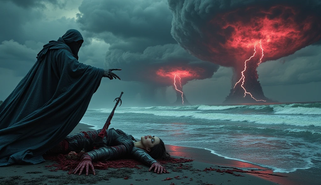 ((masterpiece)) ((photography)) ((Highest quality))  An ultra-detailed digital illustration of Death as a grim reaper with a dark cloak, holding out a skeletal hand to a wounded female gladiator lying on the shore of a stormy beach. The backdrop features a sinister, dark and stormy sky with two waterspouts forming in the distance over the ocean. Red lightning streaks illuminate the ominous horizon, casting an eerie glow over the scene. The gladiator, bloodied and weakened, hesitates as Death looms above her. The entire scene radiates a haunting and foreboding atmosphere, with dramatic contrasts and vivid details.