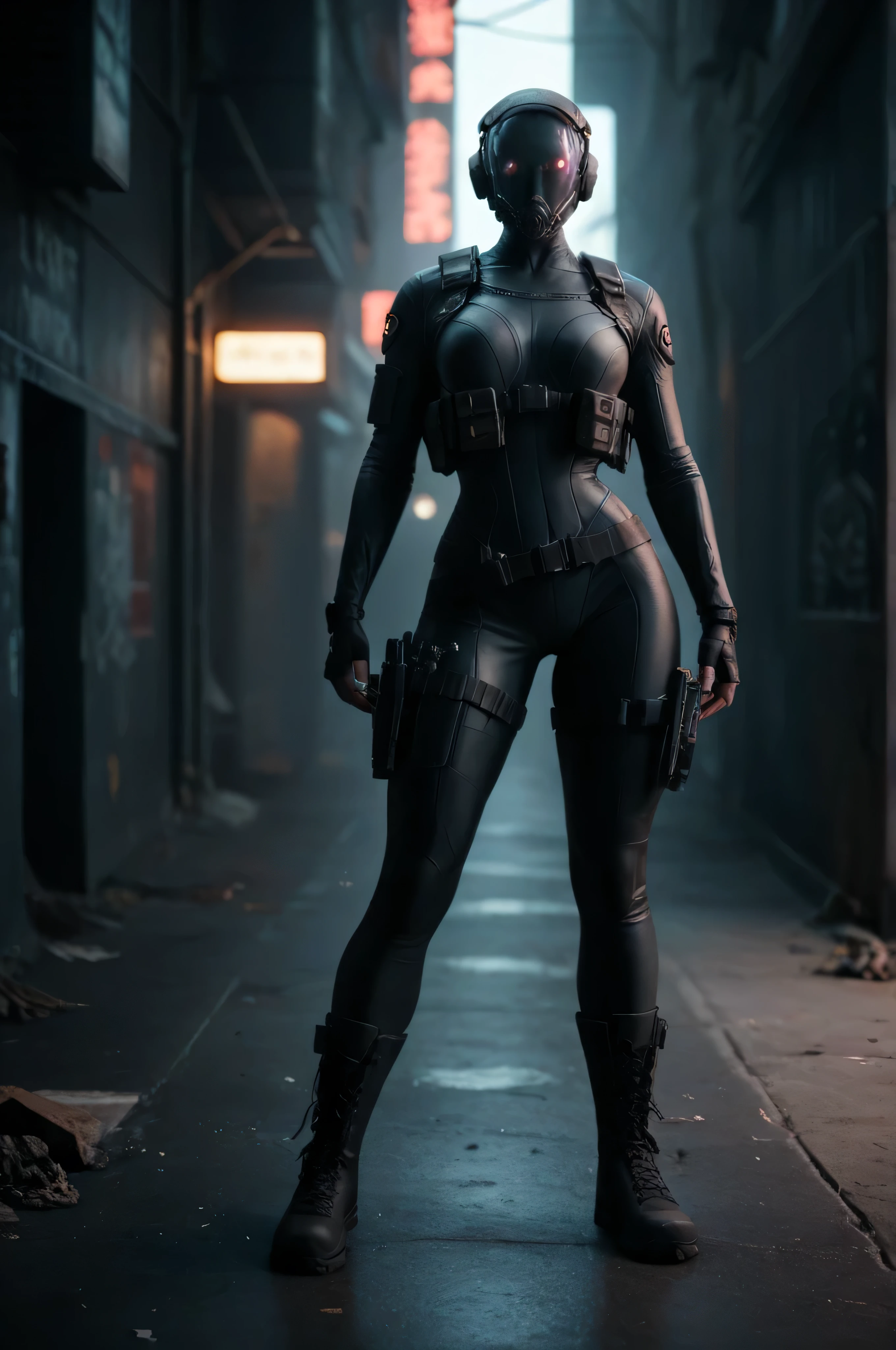 1woman, short hair, black hair, orange eyes, black leather outfit, standing on ground, high res, ultra sharp, 8K, masterpiece