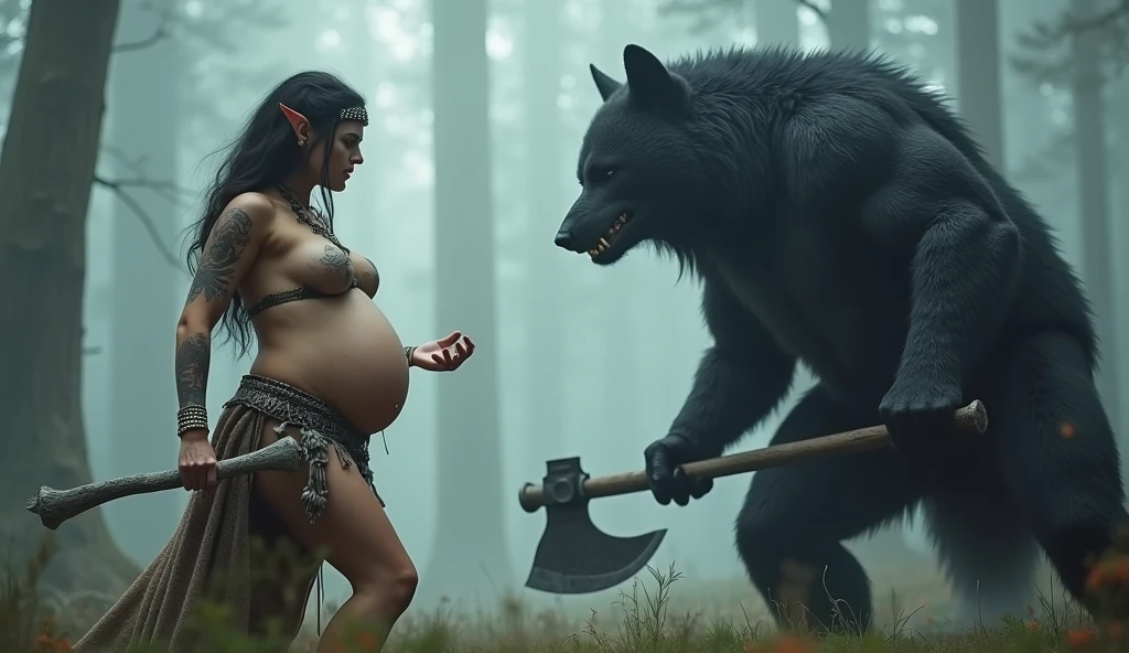 Chubby woman in thong panties being devoured by werewolf