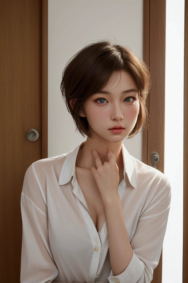 primitive，tmasterpiece，ultra fine photos，best qualtiy，超高分辨率，Photoreality，rays of sunshine，full-body portraits，stunningly beautiful，，dynamicposes，delicated face，Vibrant eyes，（seen from the side），((Secretarial uniform))，校服，cropped shoulders，Delicate head flower，sitting the desk，very highly detailed background，detailed face with，Detailed and complex busy background，Untidy，opulent，milkyW，Highly detailed skin，Realistic details of skin，Visible Pore，tack sharp focus，volume fog，8K  UHD，digital SLR camera，high qulity，filmgrain，White skin of the，photo-realism，DL，Huge metropolis in a dystopia of the future , look from down, semi transparent