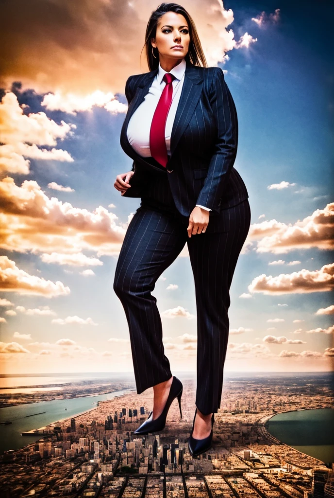 Looking up at the approaching young giantess, Giantess art, 500 miles tall giga giantess, young sophisticated and stylish woman in a black italian pinstriped trouser suit, form fitting crisp office shirt, and a large wide yellow necktie in a windsor knot, with a beautiful, curvaceous figure, large natural breasts, and long wavey blonde hair, with a curvaceous figure and massive breasts. wearing blue rounded court high heels with uncovered feet and standing, rampage-like pose, with a city skyscrapers background of mega-city, skyscapers, partially obscured by a hazy, cloudy atmosphere. The image is a high-resolution, masterpiece-quality, cinematic, ultra-detailed, and hyper-photorealistic photograph, with perfect hands, face, and lighting. ultra-detailed, 8K, photo-realistic, hyper-realistic, masterpiece, intricate details, full body view. Looking at camera, The image is a high-resolution, masterpiece-quality, cinematic, ultra-detailed, and hyper-photorealistic photograph, with perfect hands, face, and lighting. ultra-detailed, 8K, photo-realistic, hyper-realistic, masterpiece, intricate details,