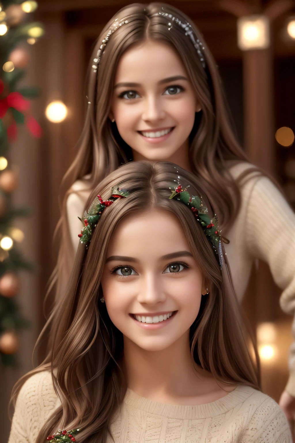 a happy group of 3 adorable girls, smiling and joyful, wearing Christmas outfits, detailed facial features, beautiful detailed eyes, beautiful detailed lips, extremely detailed facial expressions, intricate holiday decorations, sparkling lights, warm cozy atmosphere, vibrant colors, christmas tree, presents, snow, (best quality,4k,8k,highres,masterpiece:1.2),ultra-detailed,(realistic,photorealistic,photo-realistic:1.37),highly detailed, vivid colors, soft lighting, christmas theme, festive, beautiful girls, cheerful, holiday season