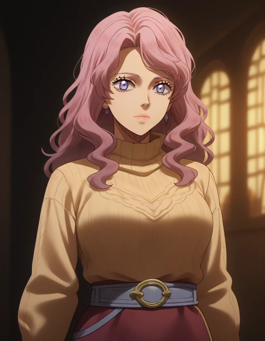 Vanessa [Black Clover]   beautiful detailed eyes, beautiful detailed lips, extremely detailed eyes and face, long eyelashes, 1child , masterpiece, super detail, high details, high quality, best quality, highres, 1080P, 8k, 16k, very accurate clothing, c fantasy, anime, intricate details, vivid colors, cinematic lighting, dramatic lighting, cinematic composition, dramatic composition ((((cowl  sweater  dress belt on waist)))) 