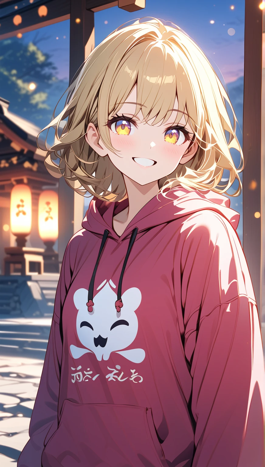 (((shape:Evening Shrine))),{{{masterpiece}}}, {{{ top quality }}}, {{ Ultra Detailed }}, { beautiful,  detail eyes},  One girl , Alone, ((Blonde)),かわいい hoodie, is a smiling face ,tooth,Midea, hoodie,Blurred,Blurredbackground
