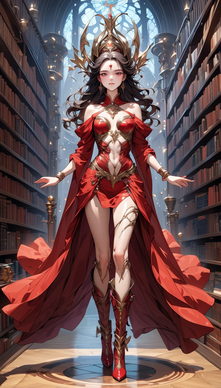 picture of a sorceress casting a spell in magical library, exquisite beautiful woman, dynamic hair color, dynamic hair style, ((full body shot: 1.5)), ((anatomically correct: 1.5)), (ultra detailed face: 1.2), best detailed face, high details, best quality, 16k, ((red dress: 1.2), (white cloak: 1.3), high heeled boots (ultra details, Masterpiece, best quality) masterpiece, best quality, (extremely detailed), full body, ultra wide shot, (ultra details, Masterpiece, best quality), fantasy art, dnd art, fantasy art, realistic art, (ultra details, Masterpiece, best quality), (ultra details, Masterpiece, best quality), FairyTaleAI, Hyperrealism style