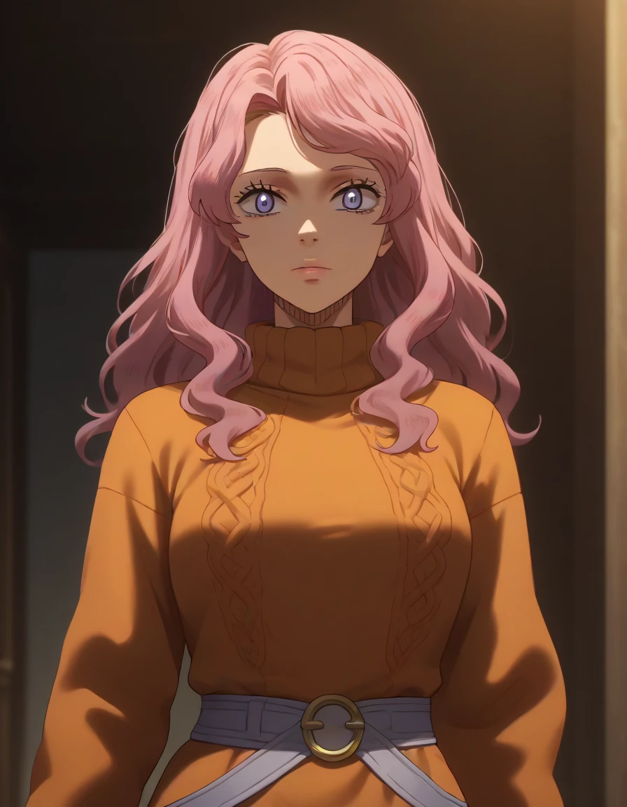 Vanessa [Black Clover]   beautiful detailed eyes, beautiful detailed lips, extremely detailed eyes and face, long eyelashes, 1child , masterpiece, super detail, high details, high quality, best quality, highres, 1080P, 8k, 16k, very accurate clothing, c fantasy, anime, intricate details, vivid colors, cinematic lighting, dramatic lighting, cinematic composition, dramatic composition ((((cowl  sweater  dress belt on waist)))) 