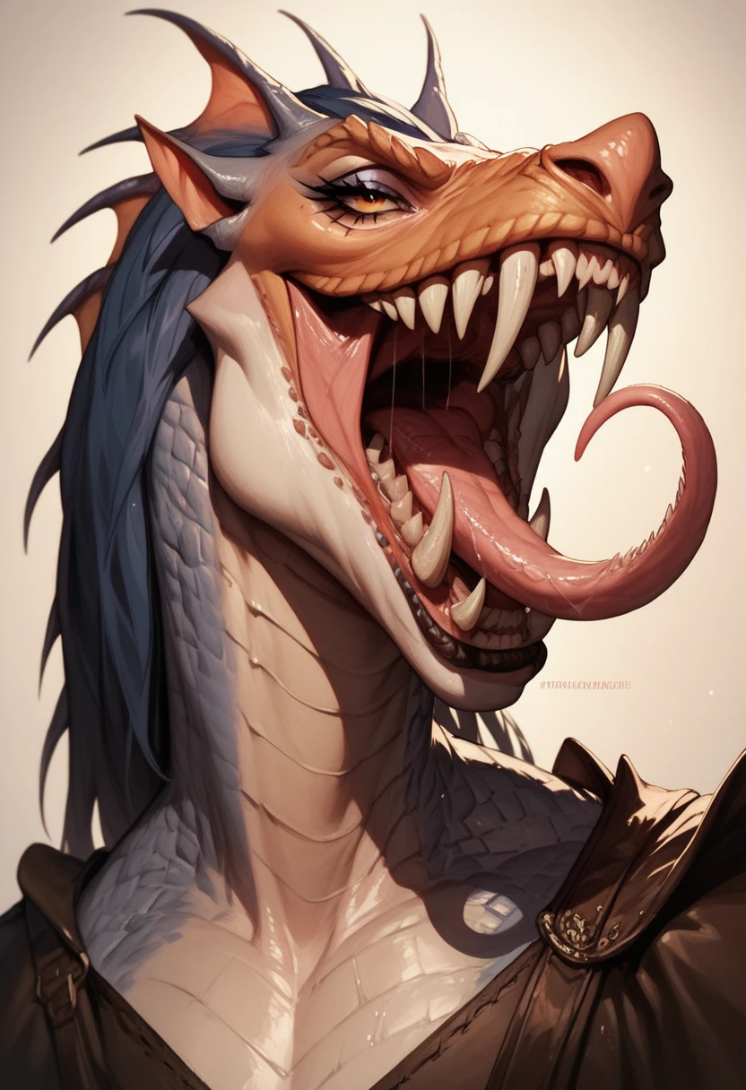 , score_9,score_8_up,score_7_up, kemono style, anthro Argonian female from skyrim, Anthro reptile girl, snout, all red skin, red eyes, black lips, black horns, black ram horns, black lips, pov, pov cunnilingus, pov she is licking viewers pussy, human female viewer, simple grey background