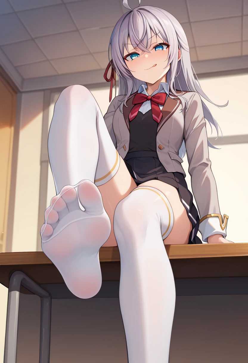 score_9, score_8_up, score_7_up, source_anime, 1girl, alya, grey hair, long hair, ahoge, hair ribbon, blue eyes, school uniform, bowtie, black skirt, white thighhighs, sitting, on table, foot focus, naughty face, licking lips, looking at viewer, from below, classroom 