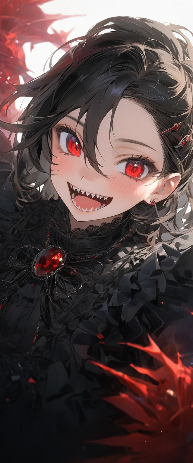 woman\((Blood:1.2),,青whiteい肌,( wicked smile:1.3),  Open Your Mouth , Sharp teeth,hair\(black, ponytail,  Details,Sparkling\),hairclip\(black\),Close\(,black,white, Lolita Fashion \), skirt\(black, short\),Tea Belt,Corners of the Eyes\(light blue\),(Narrow eyes\( grey\):0.8),very cute pose,Chest\), break ,background\(Simple,cute, glamorous , dark,light blueheart marks\), break ,quality\(8k, wallpaper of extremely   Details CG unit, masterpiece, High Definition ,top-quality,top-quality real texture skin, surreal, increase resolution , RAW photo,最高quality,highly   Details, wallpaper, movie lighting,[ ray tracing ,Golden Ratio\),( dynamic angle ),(顔Closeアップ:1.8),[  and browse barefoot be careful:2.0],Looking down at viewers ,Blur,Menhera,Better Hands