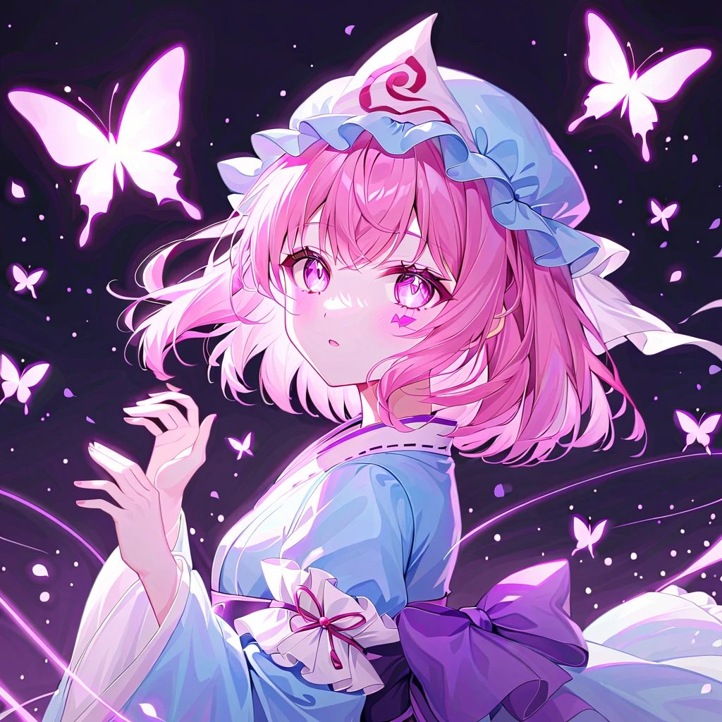 It's so beautiful that my eyes are dizzy, saigyouji yuyuko, pink hair, short hair, pink eyes, blue kimono, hat, japanese clothes, kimono, long sleeves, mob cap, triangular headpiece, wide sleeves, upper body, from side, wide shot, black background, darkness, crepuscular rays, faint light, looking away, cherry blossom petals, flying butterfly, butterfly lands finger, sparkle, star \(symbol\), glow neon, glowing, shining eyes, the most beautiful eyes, the most beautiful skin, the most beautiful face, the most delicate eyes, the most delicate skin, sparkle, star \(symbol\), Beautiful color palette, maximum facial detail, maximum eye detail, maximum skin detail, maximum background detail, maximum hand detail, maximum hair detail, maximum light detail, maximum props detail,