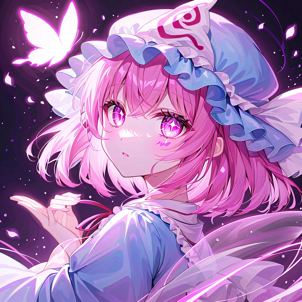 It's so beautiful that my eyes are dizzy, saigyouji yuyuko, pink hair, short hair, pink eyes, blue kimono, hat, japanese clothes, kimono, long sleeves, mob cap, triangular headpiece, wide sleeves, upper body, from side, wide shot, black background, darkness, crepuscular rays, faint light, looking away, cherry blossom petals, flying butterfly, butterfly lands finger, sparkle, star \(symbol\), glow neon, glowing, shining eyes, the most beautiful eyes, the most beautiful skin, the most beautiful face, the most delicate eyes, the most delicate skin, sparkle, star \(symbol\), Beautiful color palette, maximum facial detail, maximum eye detail, maximum skin detail, maximum background detail, maximum hand detail, maximum hair detail, maximum light detail, maximum props detail,