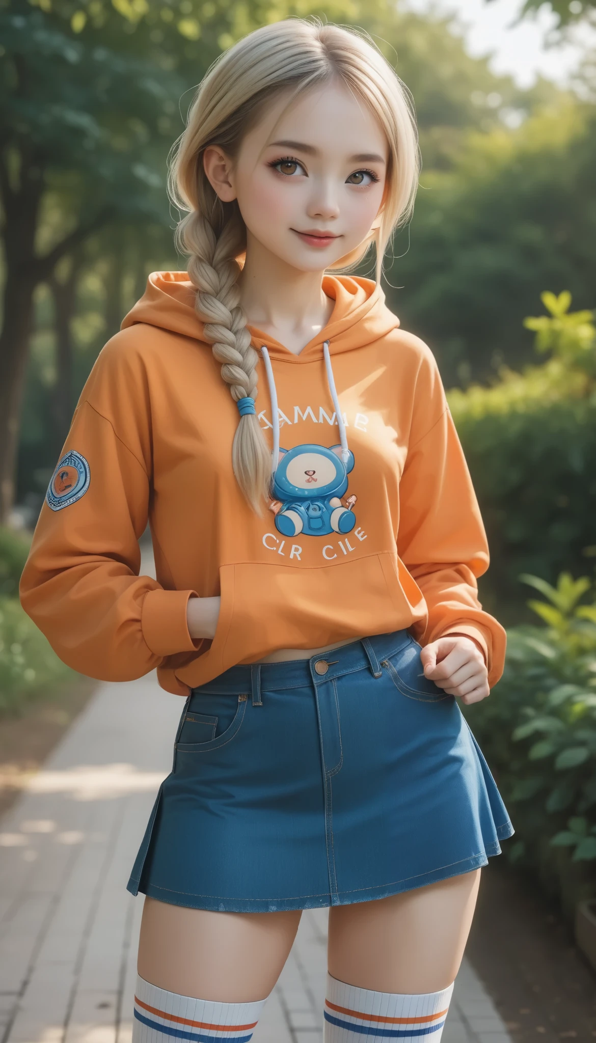 cute girl、、anatomy、 so cute、、Only 16、BraideBraids 、 orange hoodie、 Hooded 、 denim skirt 、 knee socks、超 small breasts、 small breasts、 RAW photos 、 top quality 、 High Definition 、 Masterpiece :1.3、 portrait、８ｋ