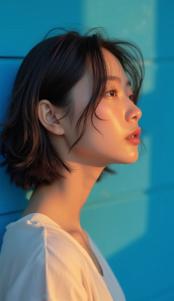 xxmixgirl, 1girl, solo, blurry background, black hair, (cleavage and large_breasts:1.4),outdoors, light on face, blurry, black eyes, cowboy shot, lips, day, sky, realistic, blue sky, off-shoulders shirt, short hair, jacket, closed mouth, looking to the side, Zhenxin