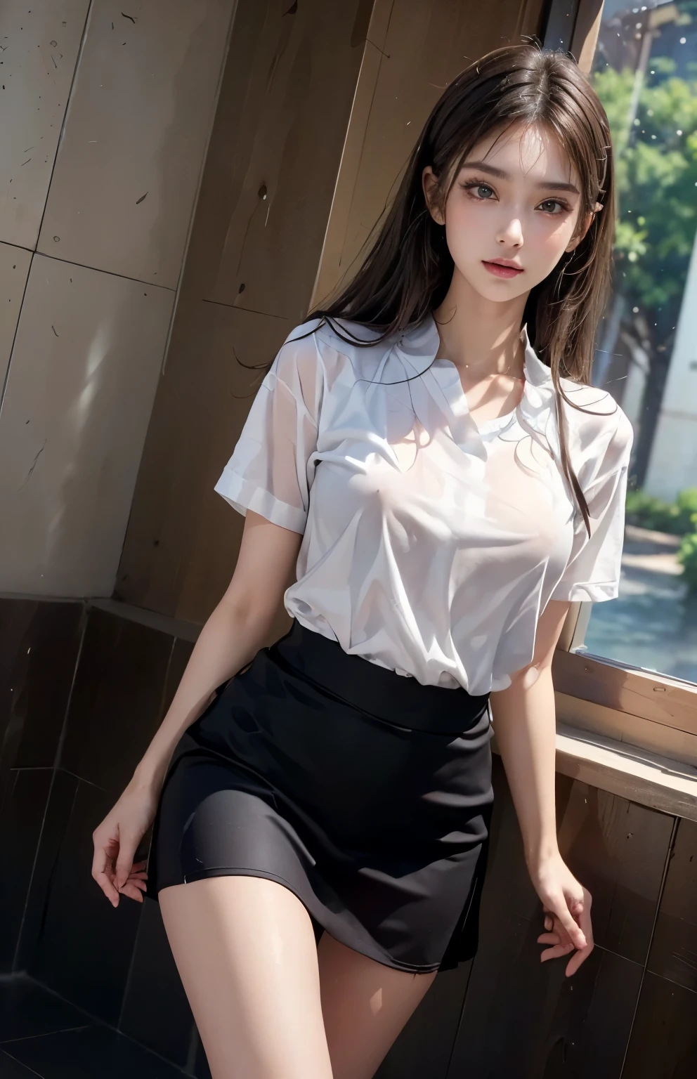 absurdres, RAW photo, extremely delicate and beautiful, masterpiece, Best Quality, ultra high resolution, 32k, hyperrealistic, ultra-detailed, perfect anatomy, super Detailed skin, perfect figure, Super Beauty, Perfect Style, Perfect balance, Beautiful Lighting, Perfect Lightning, Realistic Shadows, 20 years old, very Slim body, narrow waist, very small head, very small face, delicate facial features, handsome detailed woman, very detailed eyes and face, realistic face proportions, Realistic beautiful face, Realistic beautiful eyes, tearful mole, earring, very huge round breasts, legs, medium hair, asymmetrical hair, whole body shot, indoor, school_uniform, short skirt,