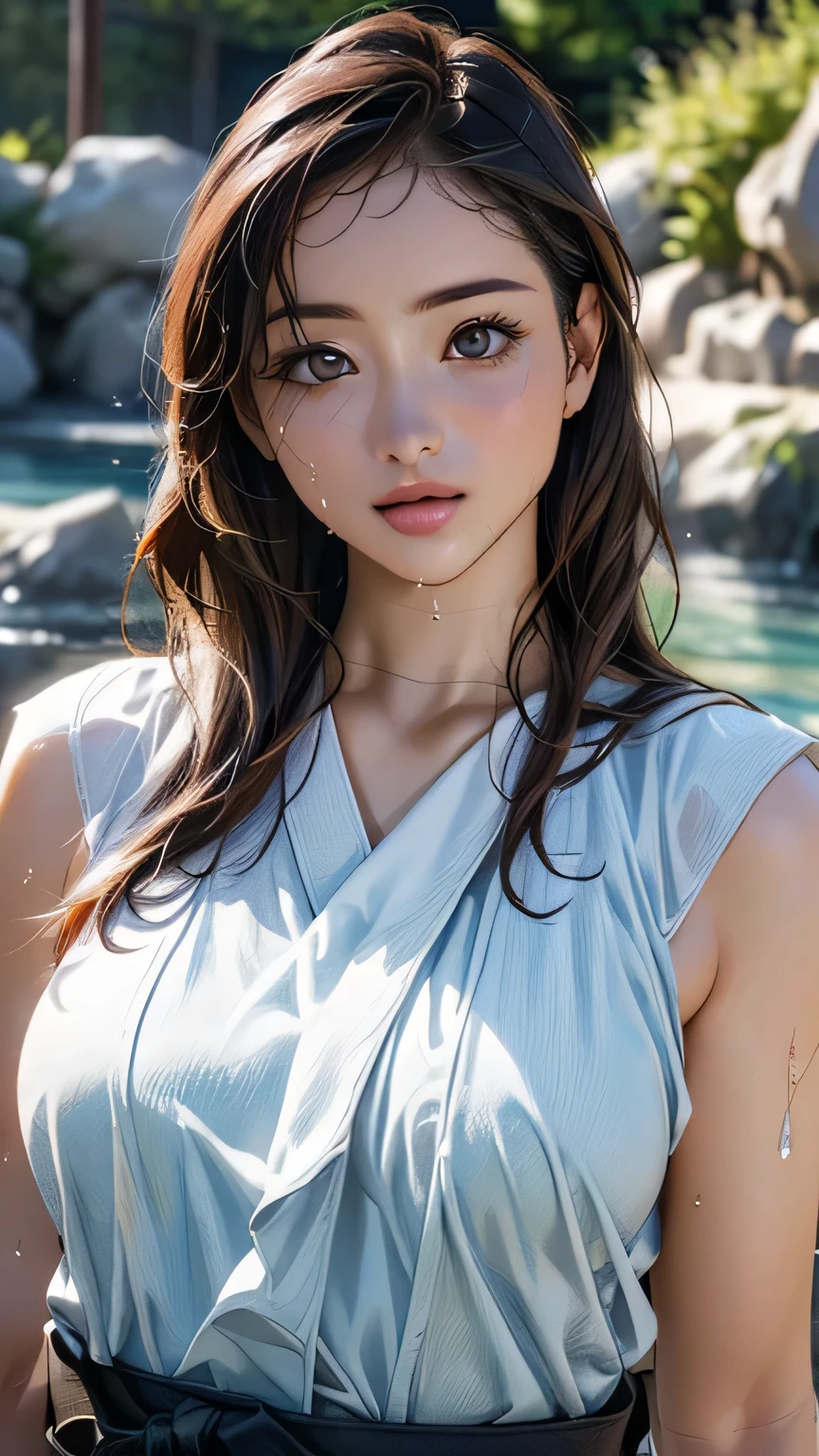 (Highest quality、masterpiece、8k、Best image quality、Hyperrealism、Award-winning works)、(Japan people 1 woman:1.3)、(people々Photo of:1.3)、Have、Tank top shirt、Shorts、Standing Elegantly、Huge waterfall、Beautiful and spectacular waterfall、Carbonated water、Light fog、Blurred Background、Detailed and intricate forest、In the mysterious and majestic forest、Lots of beautiful wood々々、Big Rock、Rock Wall、Majestic nature、Woman in the majestic forest、wood々Beautiful sunlight shining through the gaps、Beautiful clear water、The best smile you ever had when you saw me、Upper bodyPhoto of、Accurate anatomy、Natural Makeup、Ultra-high definition glossy skin、Ultra-high definition, radiant skin、Ultra-high definition glossy lips、Ultra-high definition beautiful teeth、((Extremely large breasts, bigger than her face:1.75)), (((Breasts being squeezed vigorously between transparent people)))