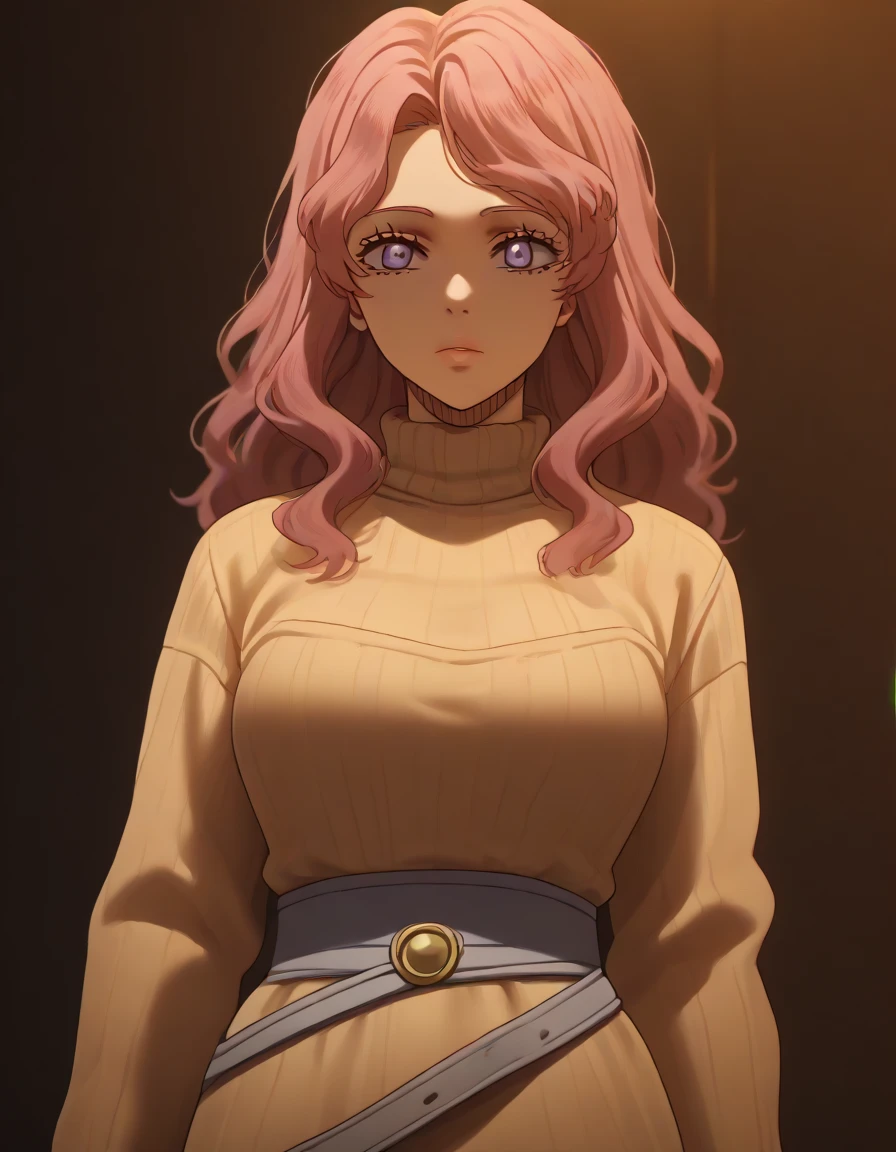 Vanessa [Black Clover]   beautiful detailed eyes, beautiful detailed lips, extremely detailed eyes and face, long eyelashes, 1child , masterpiece, super detail, high details, high quality, best quality, highres, 1080P, 8k, 16k, very accurate clothing, c fantasy, anime, intricate details, vivid colors, cinematic lighting, dramatic lighting, cinematic composition, dramatic composition ((((cowl  sweater  dress belt on waist)))) 