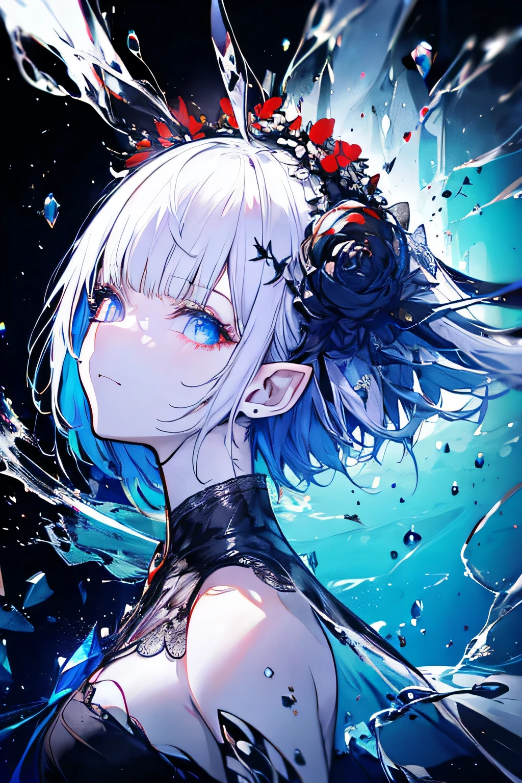 fwks, 1girl, (black and white), bob cut, blunt bangs, holding heart, drink, ((fluid)), masterpiece, (photorealistic), anime girl, laying on bed, arms crossed, best quality, ultra-detailed, girls frontline, anime portrait, shiina ringo, purple hair, black dress, camera pose, kuvshinov style, ilya kuvshinov, moe artstyle, gapmoe yandere, cute, limited palette, black background, smug, closed eye, elf ear, head wreath, Nagi Aoe, Shounen no Abyss, short blue hair, deep blue eyes, drowning pose, underwater light, water reflections, complementary highlights, calm expression, soft linework, gentle shading, rim lighting, shin hanga, Pixiv trending, ethereal aura, somber atmosphere, crystalized hair, darkness erosion, symmetry, beautiful, broken mirror, fluid art, red tears, HDR, sharp focus, photo-realistic:1.37, PBR, extreme detail, professional, vivid colors, portraits, soft lighting, UHD, black eyes, medium hair, goth makeup, studio lighting, night park, blue streetlights, 4k, 8k, highres, masterpiece:1.2, ultra-detailed, transparent water.