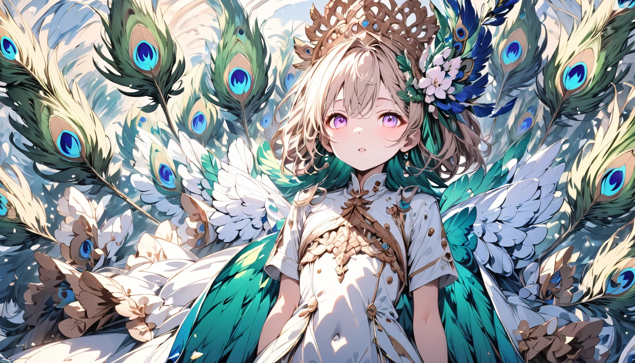 (((Best quality, 8k, Masterpiece: 1.3)), ((best quality)), ((masterpiece)), (detailed), perfect face, (detailed skin:1.3), Girl with peacock feathers, Peacock feathers spread wide