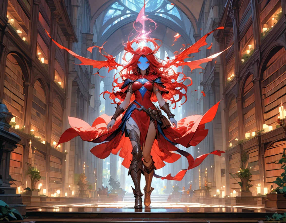 picture of a sorceress casting a spell in magical library, exquisite beautiful woman, dynamic hair color, dynamic hair style, ((full body shot: 1.5)), ((anatomically correct: 1.5)), (ultra detailed face: 1.2), best detailed face, high details, best quality, 16k, ((red dress: 1.2), (white cloak: 1.3), high heeled boots (ultra details, Masterpiece, best quality) masterpiece, best quality, (extremely detailed), full body, ultra wide shot, (ultra details, Masterpiece, best quality), fantasy art, dnd art, fantasy art, realistic art, (ultra details, Masterpiece, best quality), (ultra details, Masterpiece, best quality), FairyTaleAI, Hyperrealism style, rpg portrait