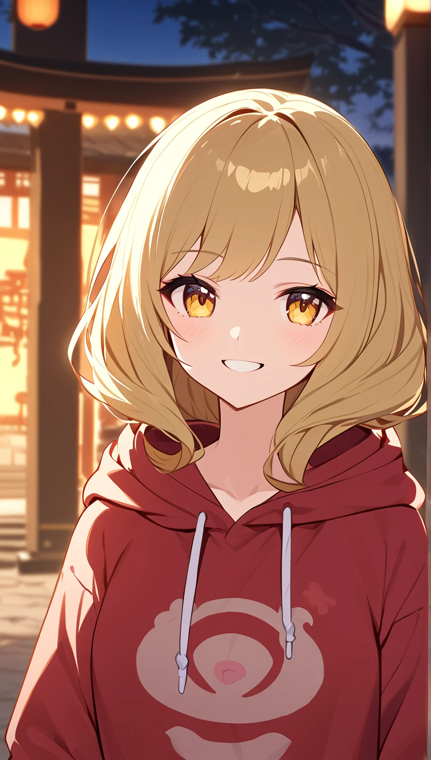 (((shape:Evening Shrine))),{{{masterpiece}}}, {{{ top quality }}}, {{ Ultra Detailed }}, { beautiful,  detail eyes},  One girl , Alone, ((Blonde)),かわいい hoodie, is a smiling face ,tooth,Midea, hoodie,Blurred,Blurredbackground
