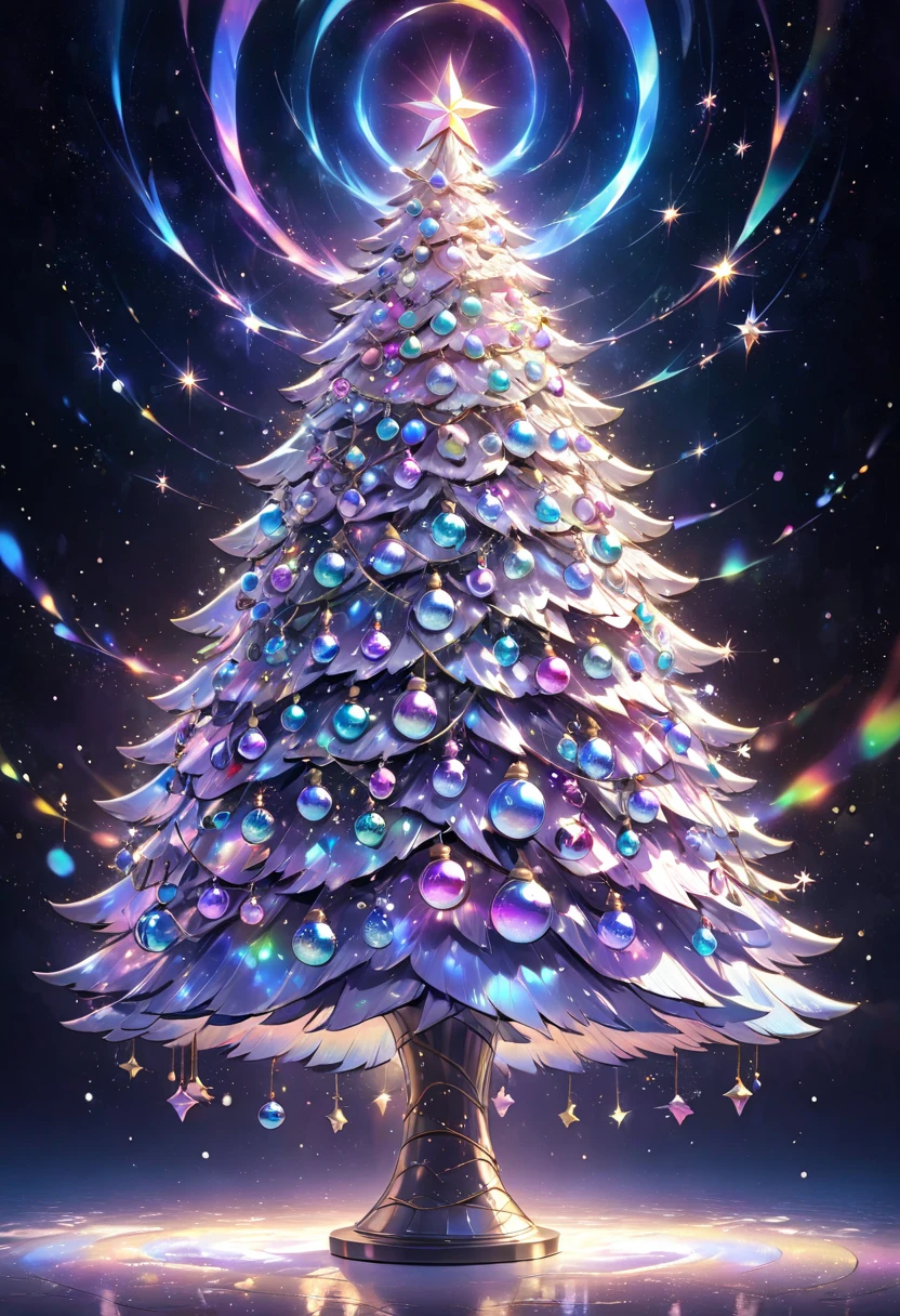 mystical blue crystal christmas tree ,  ornament shines in rainbow colors ,  sparkle of illumination (( Double Exposure:1.5 ,  Blurred Background , Glitter Effect , Silver＆Gold mix effect  , ))