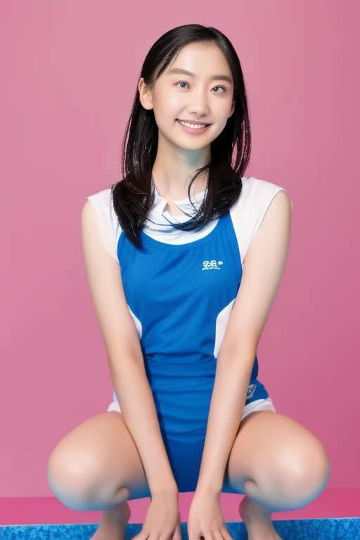 Beautiful 12 year old Japanese woman), cute face, (deeply carved face:0.7), (freckles:0.6), dramatic lighting, shy, short hair, (smile), (sparkling eyes), thin, rhythmic gymnast, leotard, sitting, open legs