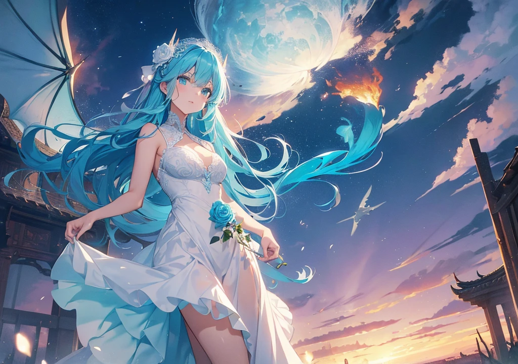 Pretty girl In the cosmos field Light blue hair Long Black eyes a smile Green and white long dress breezing Sunnyday