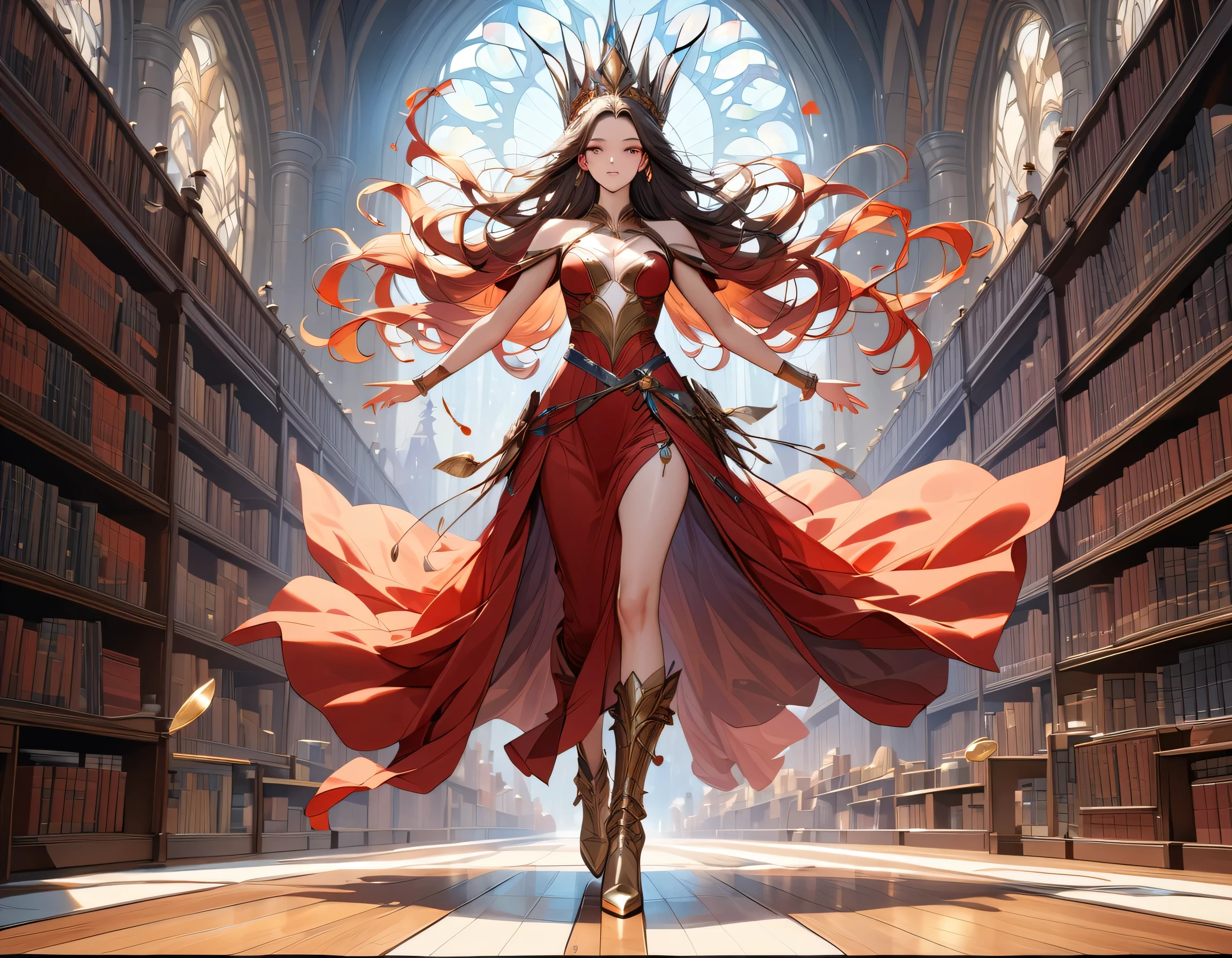 picture of a sorceress casting a spell in magical library, exquisite beautiful woman, dynamic hair color, dynamic hair style, ((full body shot: 1.5)), ((anatomically correct: 1.5)), (ultra detailed face: 1.2), best detailed face, high details, best quality, 16k, ((red dress: 1.2), (white cloak: 1.3), high heeled boots (ultra details, Masterpiece, best quality) masterpiece, best quality, (extremely detailed), full body, ultra wide shot, (ultra details, Masterpiece, best quality), fantasy art, dnd art, fantasy art, realistic art, (ultra details, Masterpiece, best quality), (ultra details, Masterpiece, best quality), FairyTaleAI, Hyperrealism style