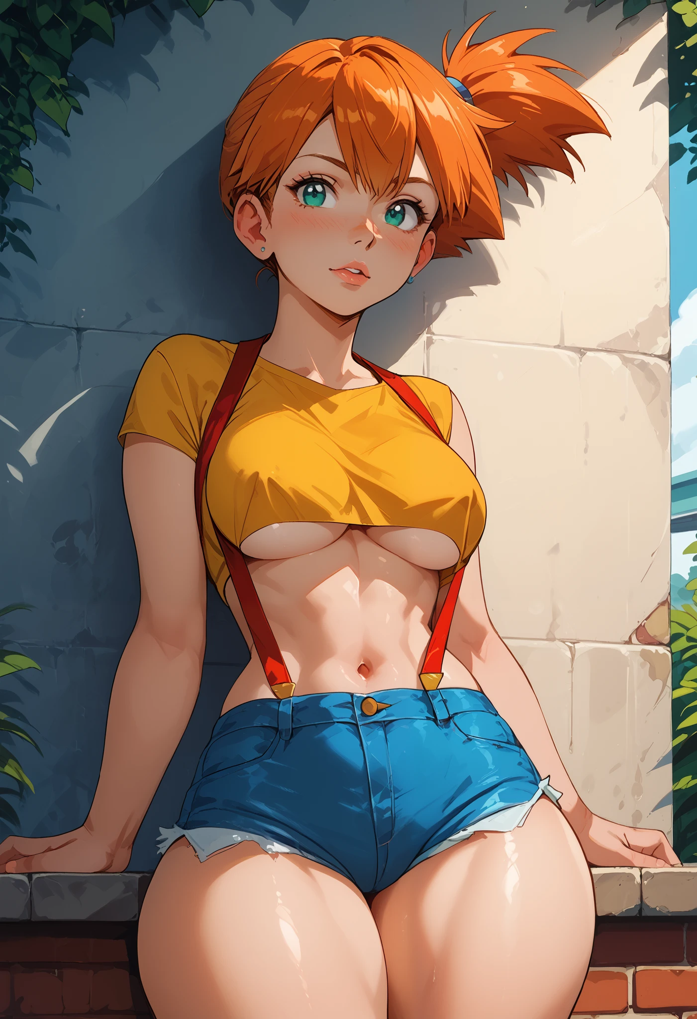 score_9, score_8_up, score_7_up, 1girl, misty \(pokemon\), side ponytail, aqua eyes ,RATING EXPLICIT, wide hips, thick thighs, tight waist, skimpy, cleage, underboob, nipple slip, denim cutoffs, , yellow crop top , exposed midriff, red suspenders, medium breasts, 