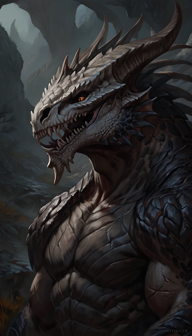 lizardfolk, anthro dragon lizard, solo, portrait, scaly, detailed scales, scalie, experienced predator, dragonic, monster, mercenary, grin, open mouth, black scaly body, matte body, toned, muscular anthro, big muscles, big horns, detailed scales, scars on body, 1male solo, anthro, muscular, thick neck, thick tail, skull head, marked jaw, underground cave city background, darkness, horror, best quality, 4k, ultra-detailed, by laobai, by taran fiddler, by honovy