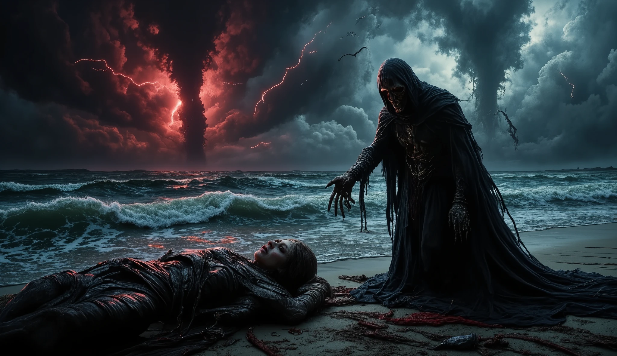 ((masterpiece)) ((photography)) ((Highest quality)) An ultra-detailed digital illustration of Death as a grim reaper with a dark cloak, holding out a skeletal hand to a wounded female gladiator lying on the shore of a stormy beach. The backdrop features a sinister, dark and stormy sky with two waterspouts forming in the distance over the ocean. Red lightning streaks illuminate the ominous horizon, casting an eerie glow over the scene. The gladiator, bloodied and weakened, hesitates as Death looms above her. The entire scene radiates a haunting and foreboding atmosphere, with dramatic contrasts and vivid details.