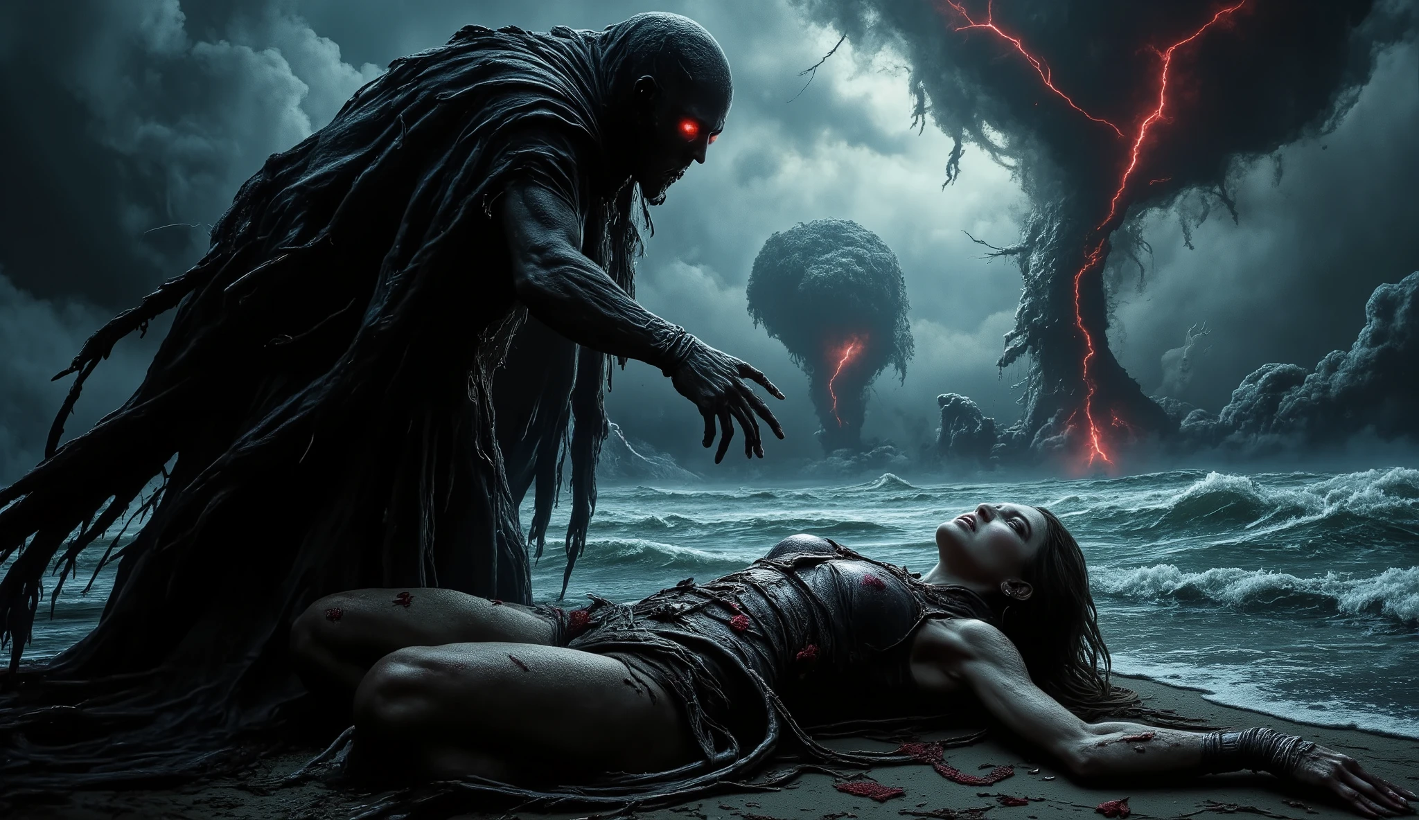 ((masterpiece)) ((photography)) ((Highest quality)) An ultra-detailed digital illustration of Death as a grim reaper with a dark cloak, holding out a skeletal hand to a wounded female gladiator lying on the shore of a stormy beach. The backdrop features a sinister, dark and stormy sky with two waterspouts forming in the distance over the ocean. Red lightning streaks illuminate the ominous horizon, casting an eerie glow over the scene. The gladiator, bloodied and weakened, hesitates as Death looms above her. The entire scene radiates a haunting and foreboding atmosphere, with dramatic contrasts and vivid details.