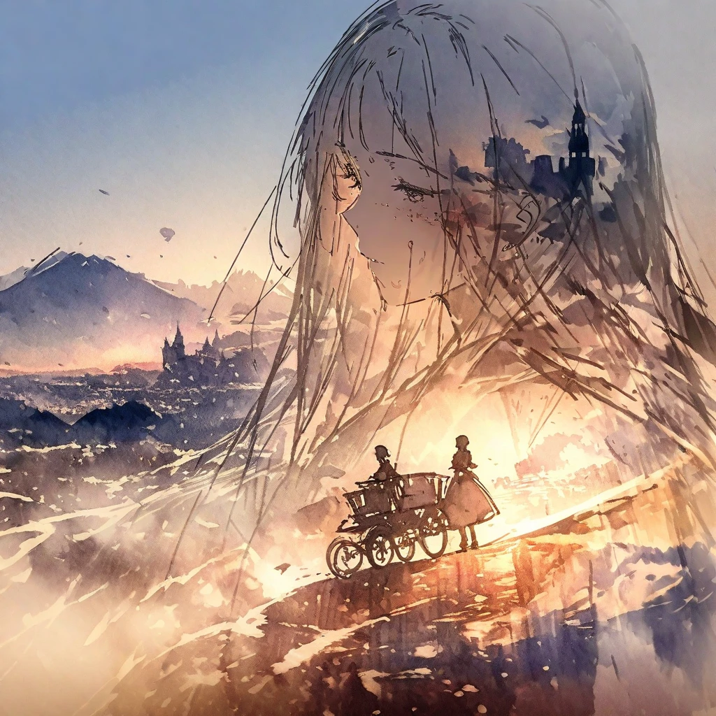 ((sketch:1.5)), ((watercolor:1)), Double Exposure of a Beautiful and Delicate Woman (The face is clear and perfect)image，Background、 perfect super detailed Victorian landscape ,  beautiful,  beautiful笑顔, complicated illustration,  artwork concept artwork, break,(Enjoy both joy and suffering honestly ),