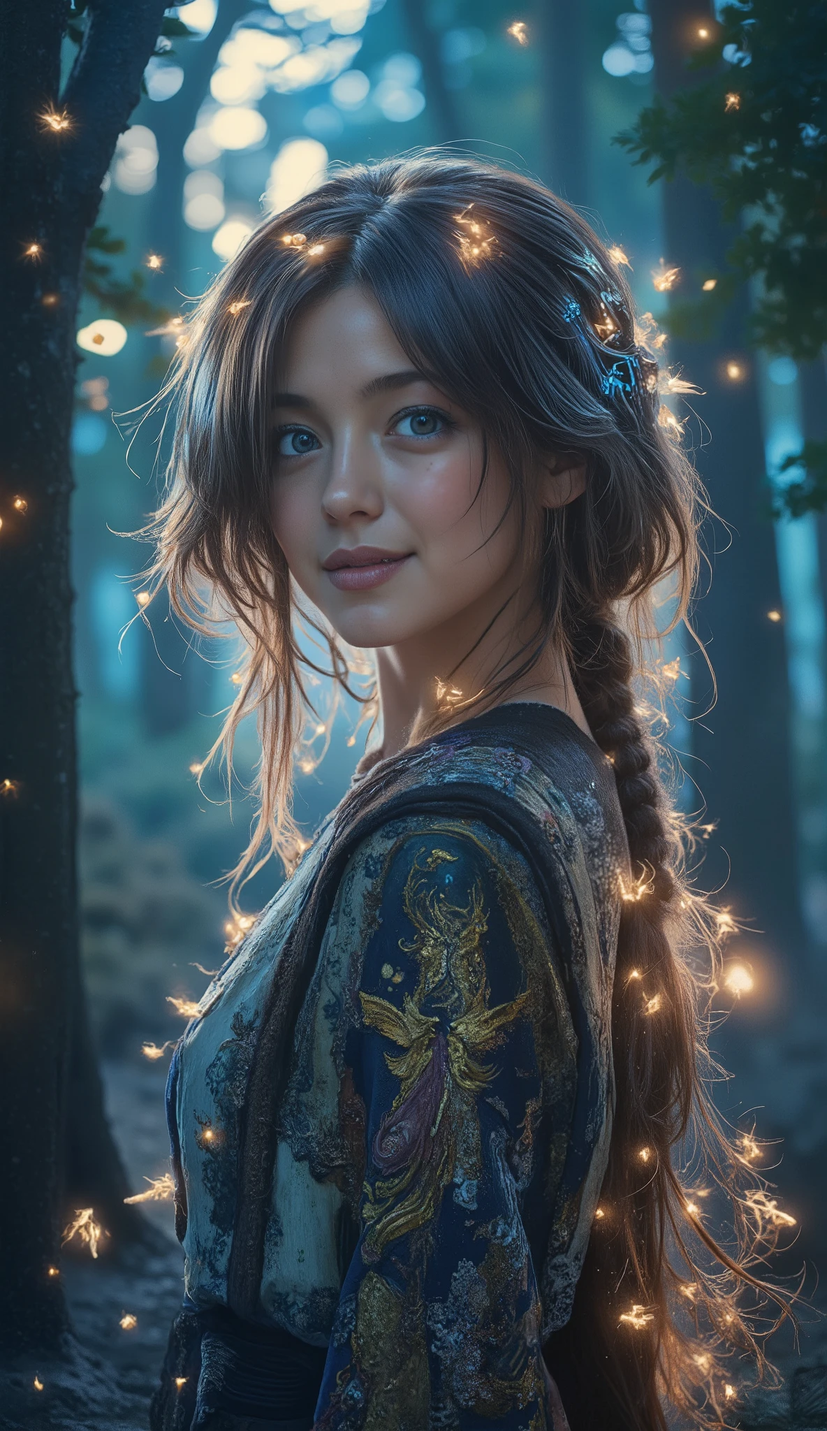  1 Girls , ,,Simper's smile ,  high definition image, female, , and her hair decorated with glowing fireflies ,  Enchanting eyes .  by the bright light of fireflies , She is standing in a mysterious forest where trees come to life.. scene,  Wearing a robe made of moonlight woven , captured in the style of a magical forest ar트위ork., (masterpiece,  best quality, Official Art, intricate details :1.2)