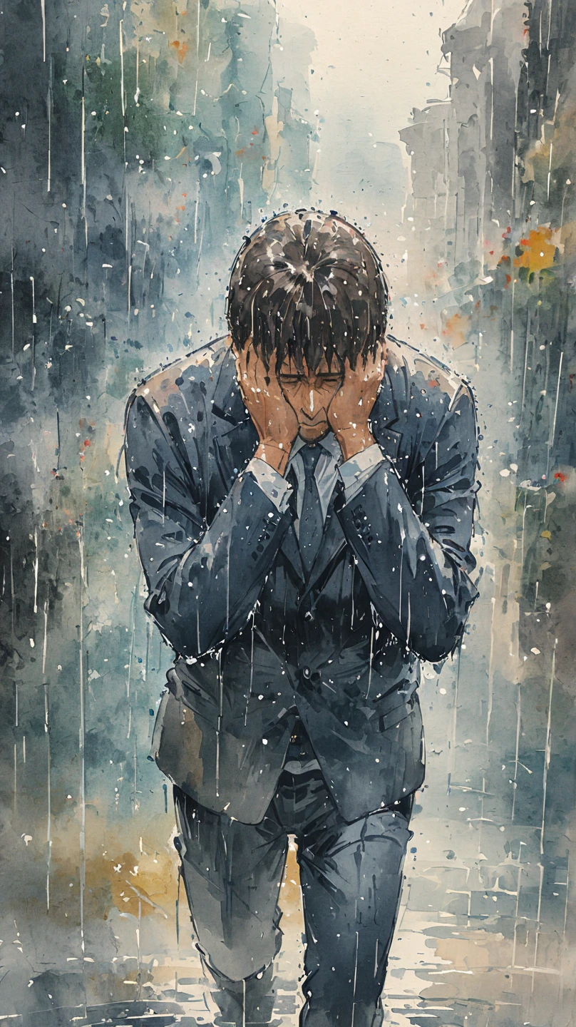  watercolor painting of a man in a suit in the rain .  full body photo of the man drenched in rain.  he raises his head to face the rain , rainwater flows down his face . He's walking down the street ,  extending his hands to feel the rain .  watercolor brush painting style . The sky is dark.