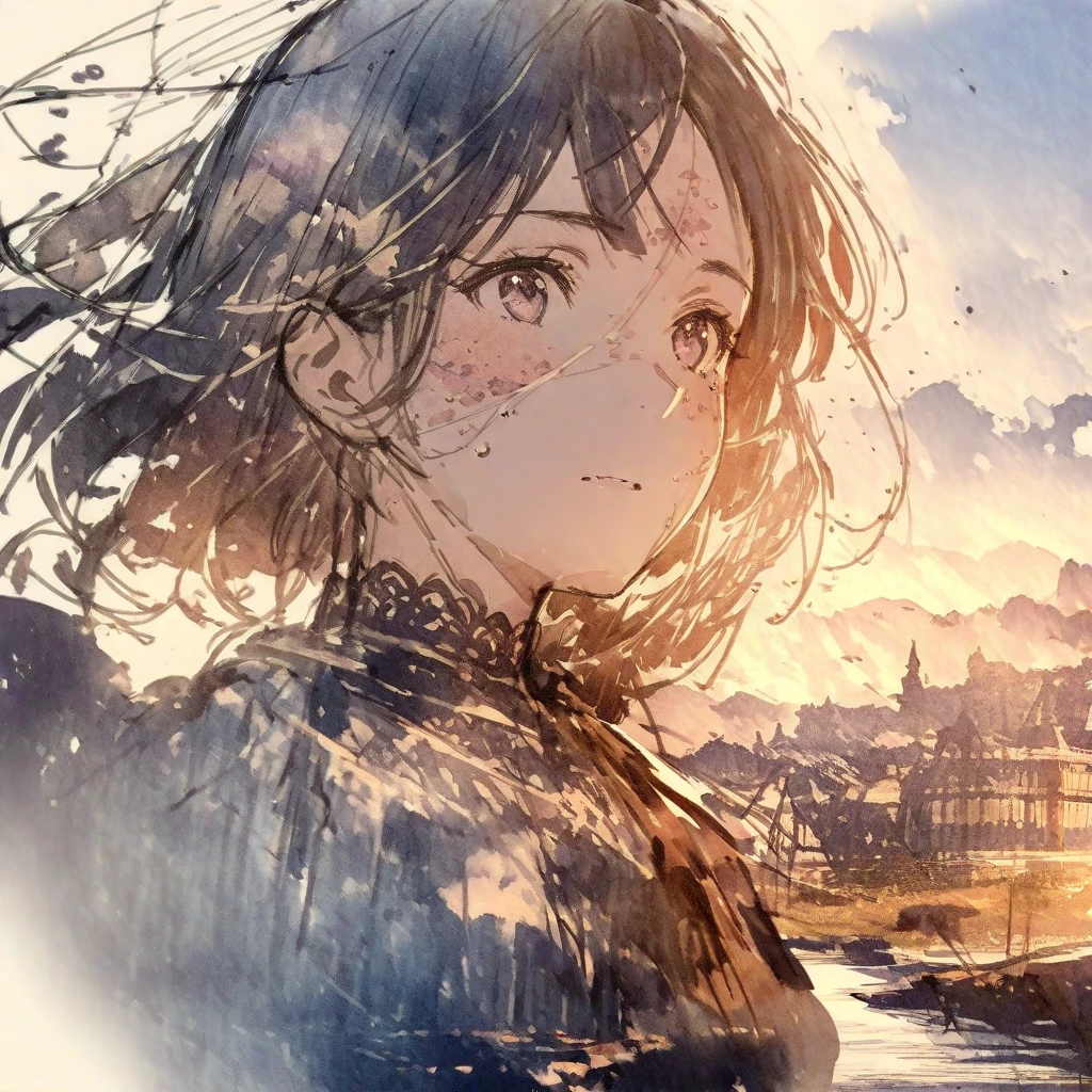 ((sketch:1.5)), ((watercolor:1)), Double Exposure of a Beautiful and Delicate Woman (The face is clear and perfect)image，Background、 perfect super detailed Victorian landscape ,  beautiful,  beautiful笑顔, complicated illustration,  artwork concept artwork, break,( don't get chased by work、Chase work ),