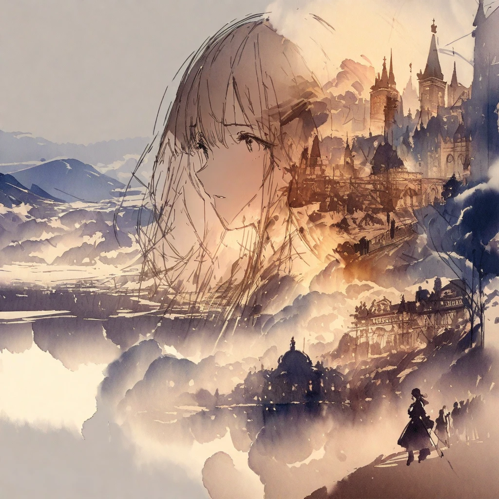 ((sketch:1.5)), ((watercolor:1)), Double Exposure of a Beautiful and Delicate Woman (The face is clear and perfect)image，Background、 perfect super detailed Victorian landscape ,  beautiful,  beautiful笑顔, complicated illustration,  artwork concept artwork, break,( don't get chased by work、Chase work ),