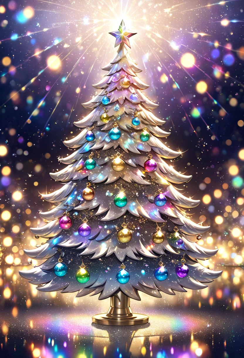 mystical blue crystal christmas tree ,  ornament shines in rainbow colors ,  sparkle of illumination (( Double Exposure:1.5 ,  Blurred Background , Glitter Effect , Silver＆Gold mix effect  , ))