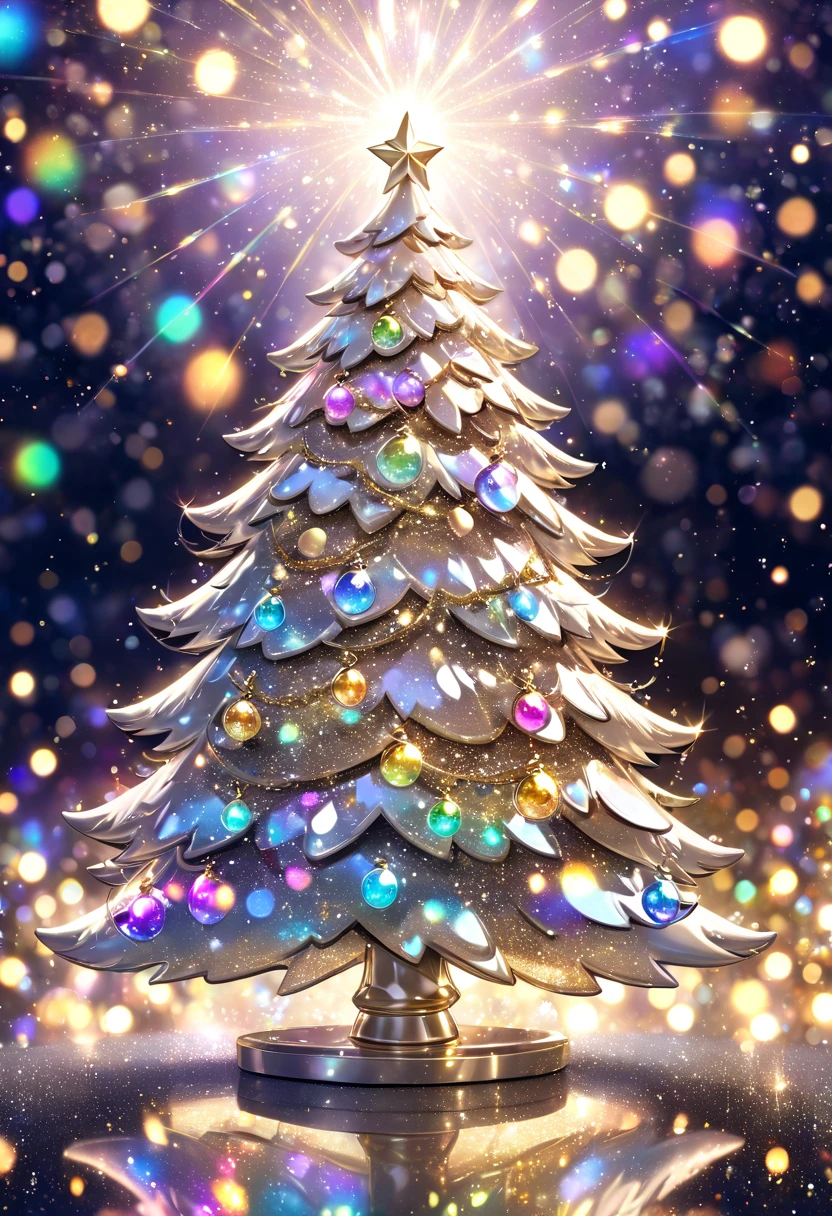 mystical blue crystal christmas tree ,  ornament shines in rainbow colors ,  sparkle of illumination (( Double Exposure:1.5 ,  Blurred Background , Glitter Effect , Silver＆Gold mix effect  , ))