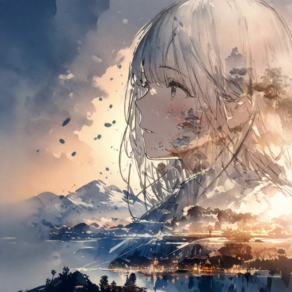 ((sketch:1.5)), ((watercolor:1)), Double Exposure of a Beautiful and Delicate Woman (The face is clear and perfect)image，Background、 perfect super detailed Victorian landscape ,  beautiful,  beautiful笑顔, complicated illustration,  artwork concept artwork, break,( let nature flow、let it happen 、 this is surprisingly difficult ),