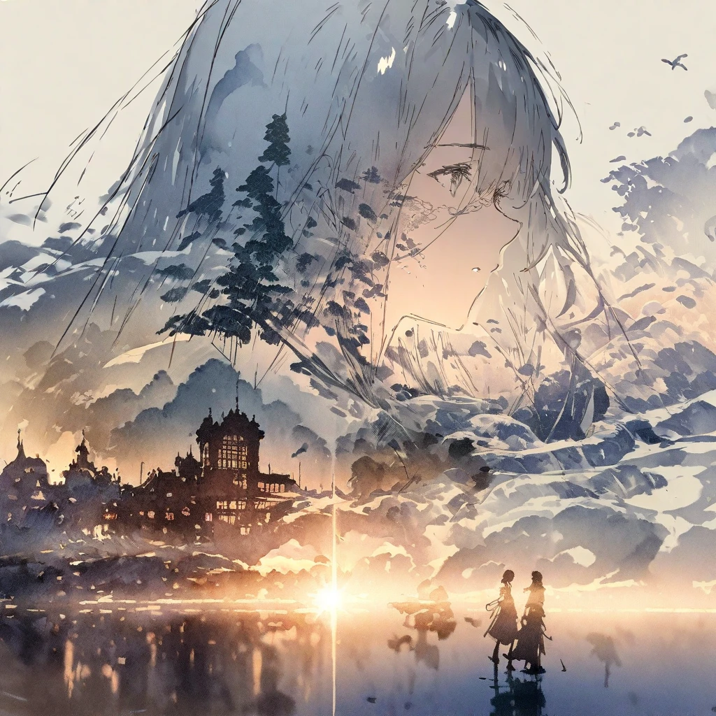 ((sketch:1.5)), ((watercolor:1)), Double Exposure of a Beautiful and Delicate Woman (The face is clear and perfect)image，Background、 perfect super detailed Victorian landscape ,  beautiful,  beautiful笑顔, complicated illustration,  artwork concept artwork, break,( let nature flow、let it happen 、 this is surprisingly difficult ),