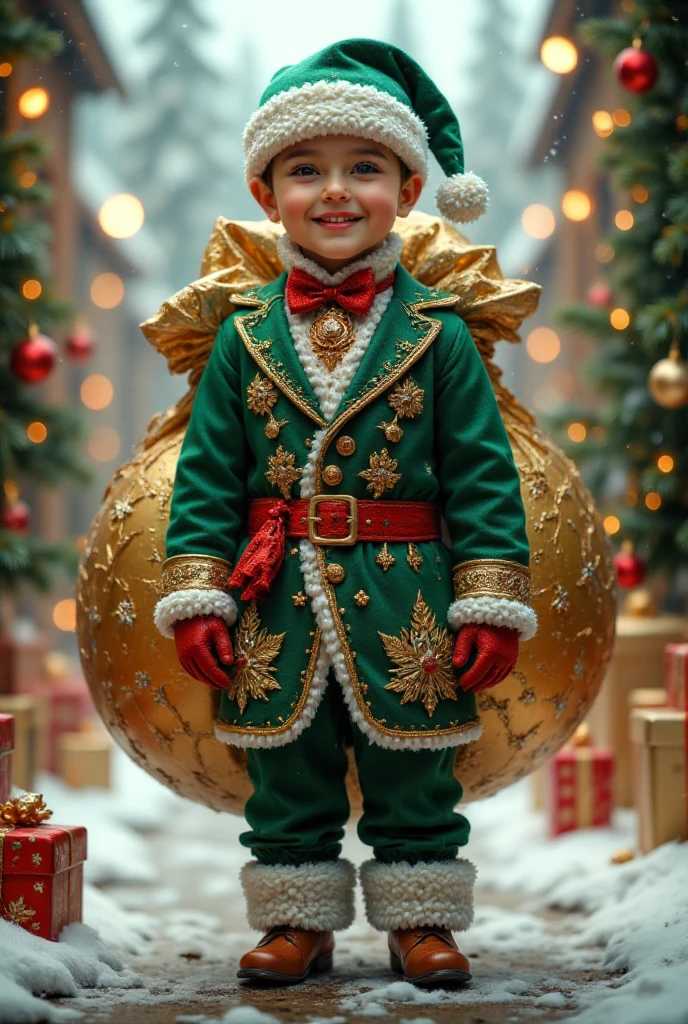 Boy dressed as Santa Claus all green with a large gold bag carrying on his shoulders