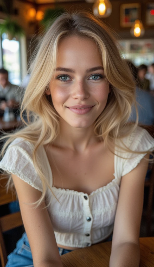 dynamic angles,photoshoot poses,The image is a close-up portrait of a young woman with blonde hair and blue eyes. she is sitting at a table in a restaurant or cafe, with a blurred background of other people and tables. She is wearing white frilly shirt and blue jeans, and is looking directly at the camera with a slight smile on his face. The lighting is soft and warm, creating a cozy atmosphere. The overall mood of the image is happy and relaxed.RAW candid cinema, 16mm, color graded portra 400 film, remarkable color, ultra realistic, textured skin, remarkable detailed pupils, realistic dull skin noise, visible skin detail, skin fuzz, dry skin, shot with cinematic camera, detailed skin texture, (blush:0.2), (goosebumps:0.3), subsurface scattering, beautiful photograph in the style of Augustus John, Sergio Toppi, Virginia Frances Sterrett, 8k HD, detailed skin texture, ultra realistic, textured skin, analog raw photo, cinematic grain, whimsical