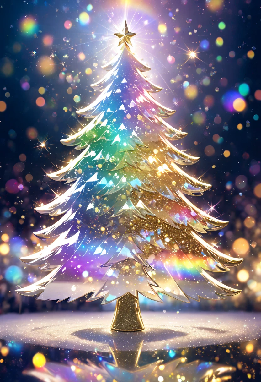 mystical blue crystal christmas tree ,  ornament shines in rainbow colors ,  sparkle of illumination (( Double Exposure:1.5 ,  Blurred Background , Glitter Effect , Silver＆Gold mix effect  , ))