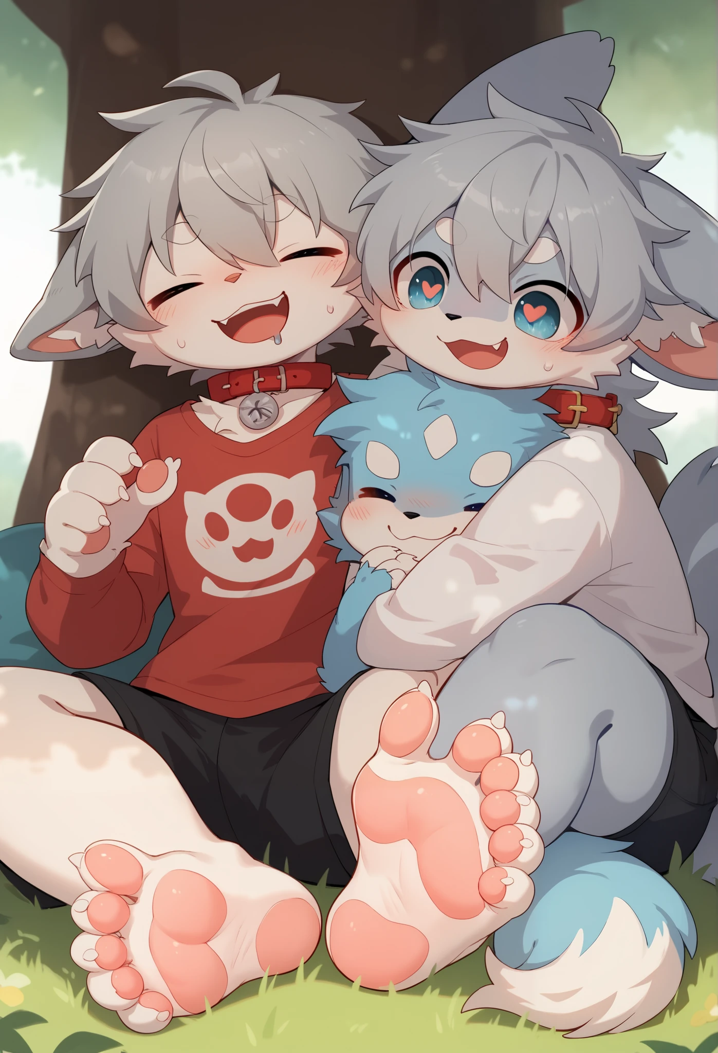   Very detailed,  Very detailed, Gray hair,,woman, heart shaped eyes ,participate,Red collar,  cute faces,  furry fur ， with a big shield ,Boy , white background , Droopy Ears , blush nose ,In the tree , Smile,Lick the soles of the feet  , grins , show me the claws ,  show the soles of my feet,sit,Red collar鳴き声,sleep,Rutting season,Excited,毛茸茸Boy,  an uneasy face ,, Drooling ,  Black Shorts  , Sweatshirts , long sleeve shirt  , light blue stylish  ,