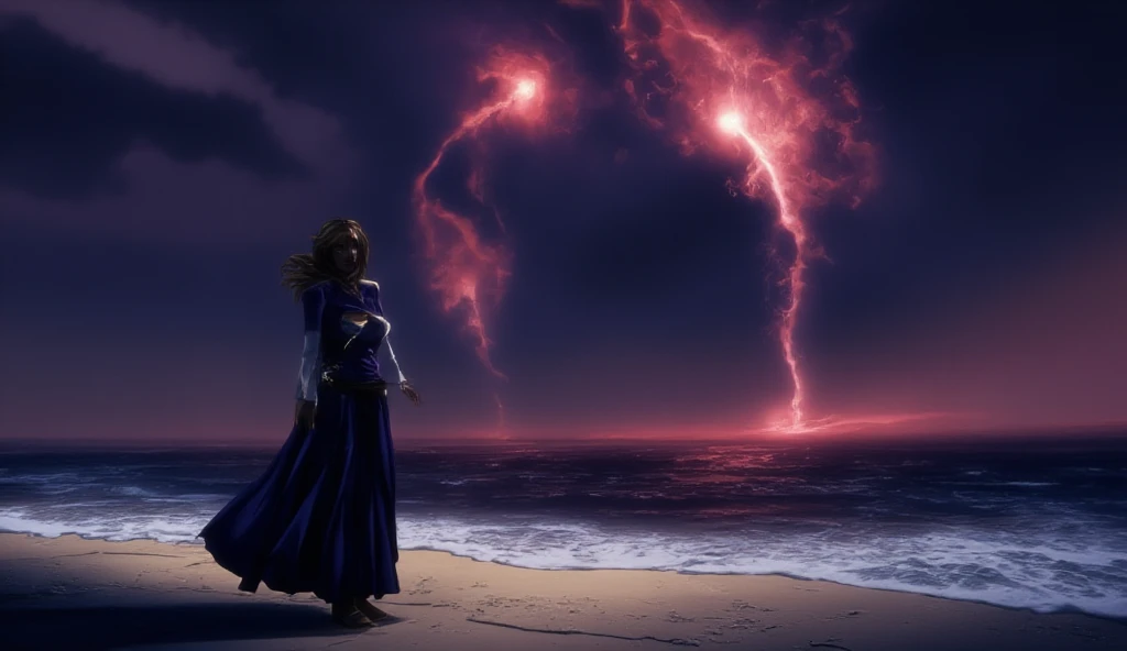 ((masterpiece)) ((photography)) ((Highest quality))  An ultra-detailed digital illustration of Death as a grim reaper with a dark cloak, holding out a skeletal hand to a wounded female gladiator lying on the shore of a stormy beach. The backdrop features a sinister, dark and stormy sky with two waterspouts forming in the distance over the ocean. Red lightning streaks illuminate the ominous horizon, casting an eerie glow over the scene. The gladiator, bloodied and weakened, hesitates as Death looms above her. The entire scene radiates a haunting and foreboding atmosphere, with dramatic contrasts and vivid details.