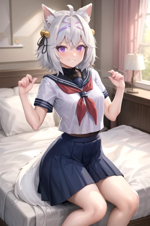 masterpiece, best quality, absurdres, colorful, indoors, day, 1girl, solo, filian, purple eyes, white hair, short hair, ahoge, animal ears, hair bell, hairband, tail, looking at viewer, upper body, grin, small breasts, wide hips, slim legs, school uniform, blue skirt, short sleeves, in bed, feet exposed, feet focus, perfect feet, 5 toes, nice feet, feet visible, sweaty feet, hot