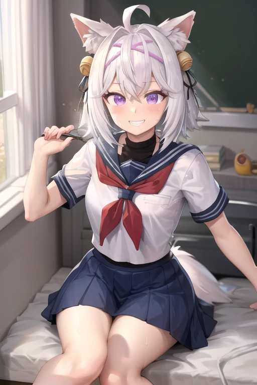 masterpiece, best quality, absurdres, colorful, indoors, day, 1girl, solo, filian, purple eyes, white hair, short hair, ahoge, animal ears, hair bell, hairband, tail, looking at viewer, upper body, grin, small breasts, wide hips, slim legs, school uniform, blue skirt, short sleeves, in bed, feet exposed, feet focus, perfect feet, 5 toes, nice feet, feet visible, sweaty feet, hot